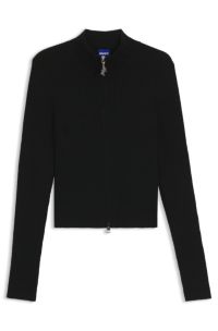 Ribbed cardigan with logo-puller zip, Black