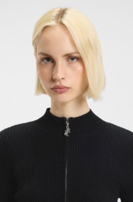 Ribbed cardigan with logo-puller zip, Black