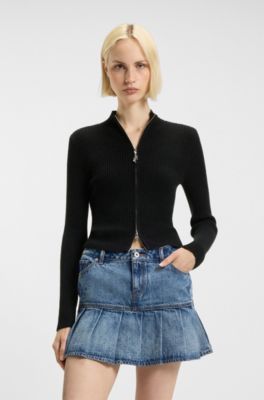 Ribbed cardigan with logo-puller zip, Black