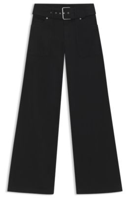 Belted wide-leg trousers in stretch-cotton satin, Black