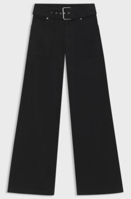 Belted wide-leg trousers in stretch-cotton satin, Black