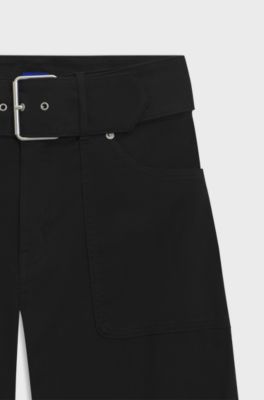 Belted wide-leg trousers in stretch-cotton satin, Black