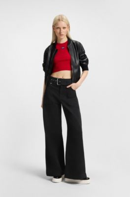 Belted wide-leg trousers in stretch-cotton satin, Black