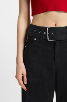 Belted wide-leg trousers in stretch-cotton satin, Black