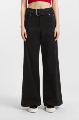 Belted wide-leg trousers in stretch-cotton satin, Black