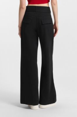 Belted wide-leg trousers in stretch-cotton satin, Black