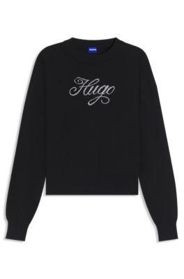 Relaxed-fit knitted sweater with metallised-yarn logo, Black