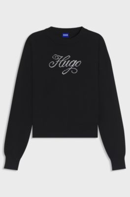 Relaxed-fit knitted sweater with metallised-yarn logo, Black