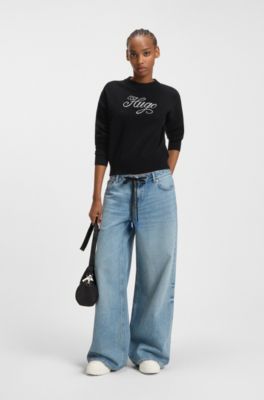 Relaxed-fit knitted sweater with metallised-yarn logo, Black