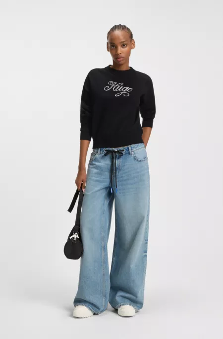 Relaxed-fit knitted sweater with metallised-yarn logo