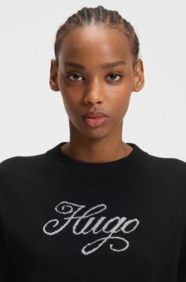 Relaxed-fit knitted sweater with metallised-yarn logo, Black