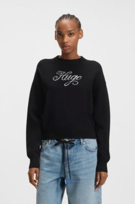 Relaxed-Fit Strickpullover mit Logo aus metallisierten Garnen, Schwarz