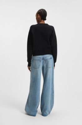 Relaxed-fit knitted sweater with metallised-yarn logo, Black