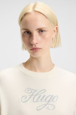 Maglione relaxed fit con logo in filato metallizzato, Bianco