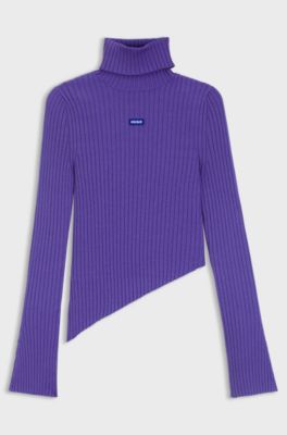 Logo-badge rib-knit sweater with asymmetric hem, Purple