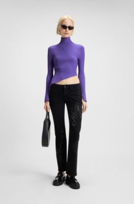 Logo-badge rib-knit sweater with asymmetric hem, Purple