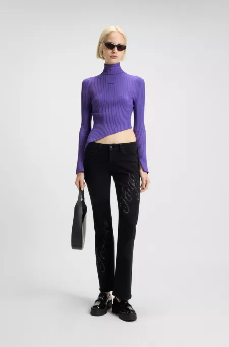 Logo-badge rib-knit sweater with asymmetric hem
