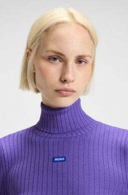 Logo-badge rib-knit sweater with asymmetric hem, Purple
