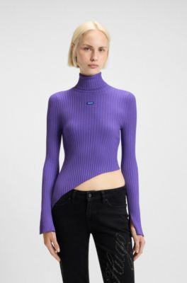 Logo-badge rib-knit sweater with asymmetric hem, Purple