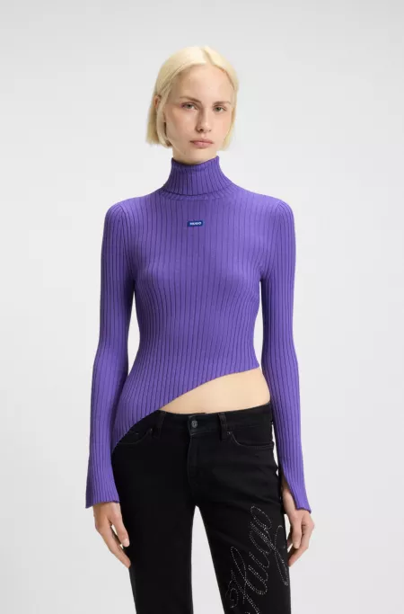 Logo-badge rib-knit sweater with asymmetric hem