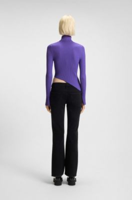 Logo-badge rib-knit sweater with asymmetric hem, Purple