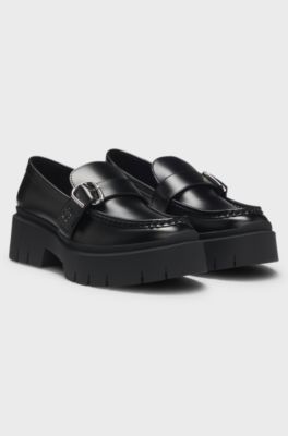 Leather loafers with buckled strap, Black