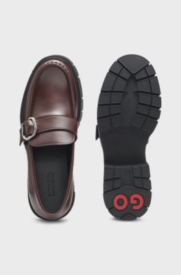 Leather loafers with buckled strap, Dark Brown