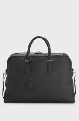 Grained-leather holdall with embossed logo, Black