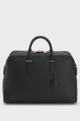 Grained-leather holdall with embossed logo, Black