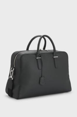 Weekendtas van generfd leer met afneembare sleutelhanger, Zwart