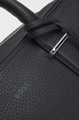 Grained-leather holdall with embossed logo, Black