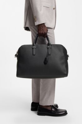 Grained-leather holdall with embossed logo, Black