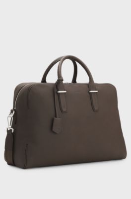 Grained-leather holdall with embossed logo, Dark Brown