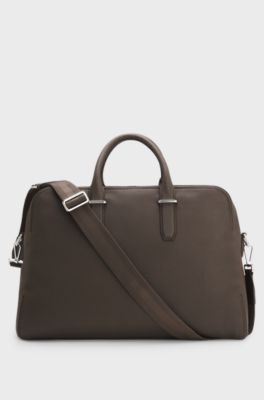 Grained-leather holdall with embossed logo, Dark Brown