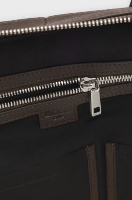 Grained-leather holdall with embossed logo, Dark Brown