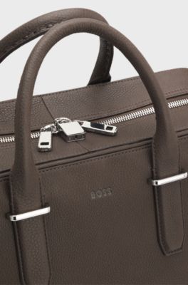 Grained-leather holdall with embossed logo, Dark Brown