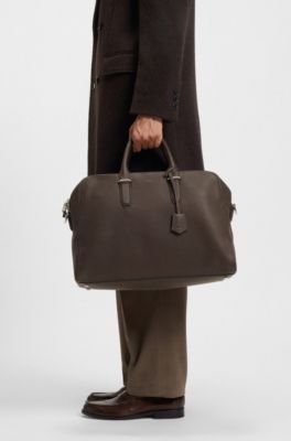 Grained-leather holdall with embossed logo, Dark Brown