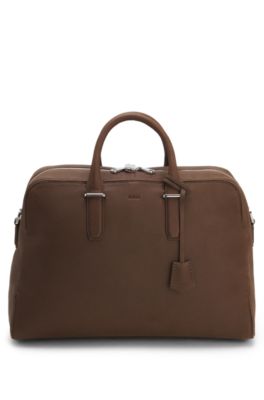 Grained-leather holdall with embossed logo, Brown