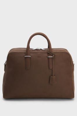 Grained-leather holdall with embossed logo, Brown