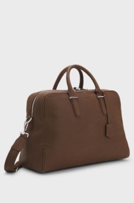 Grained-leather holdall with embossed logo, Brown