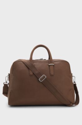 Grained-leather holdall with embossed logo, Brown
