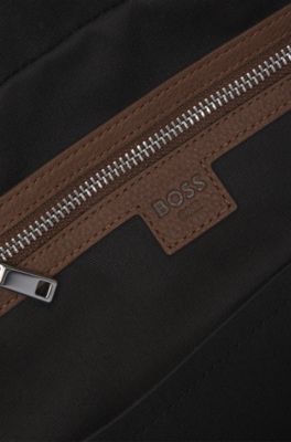 Grained-leather holdall with embossed logo, Brown