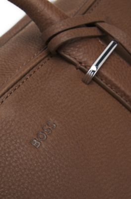Grained-leather holdall with embossed logo, Brown