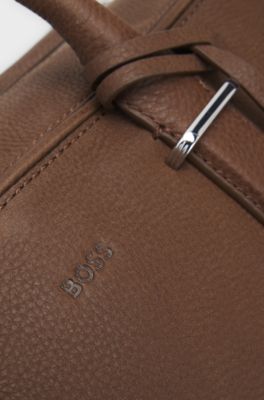Grained-leather holdall with embossed logo, Brown
