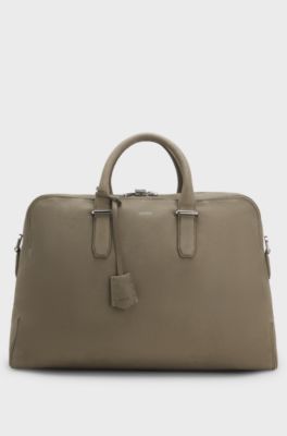 Grained-leather holdall with embossed logo, Light Brown