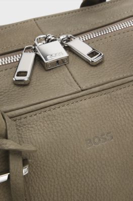 Grained-leather holdall with embossed logo, Light Brown