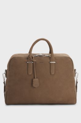 Grained-leather holdall with embossed logo, Light Brown