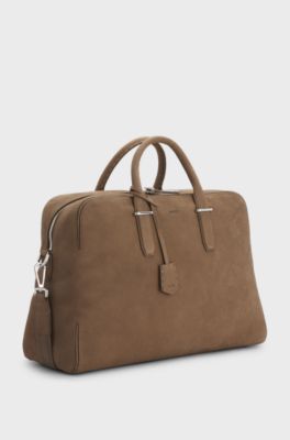 Grained-leather holdall with embossed logo, Light Brown