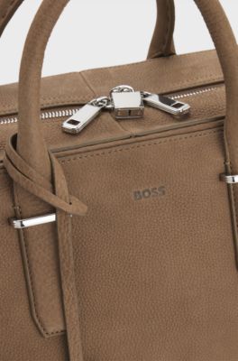 Grained-leather holdall with embossed logo, Light Brown