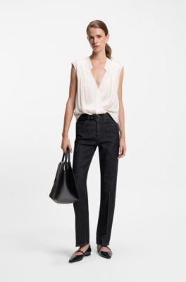 Regular-fit blouse in stretch silk, Natural